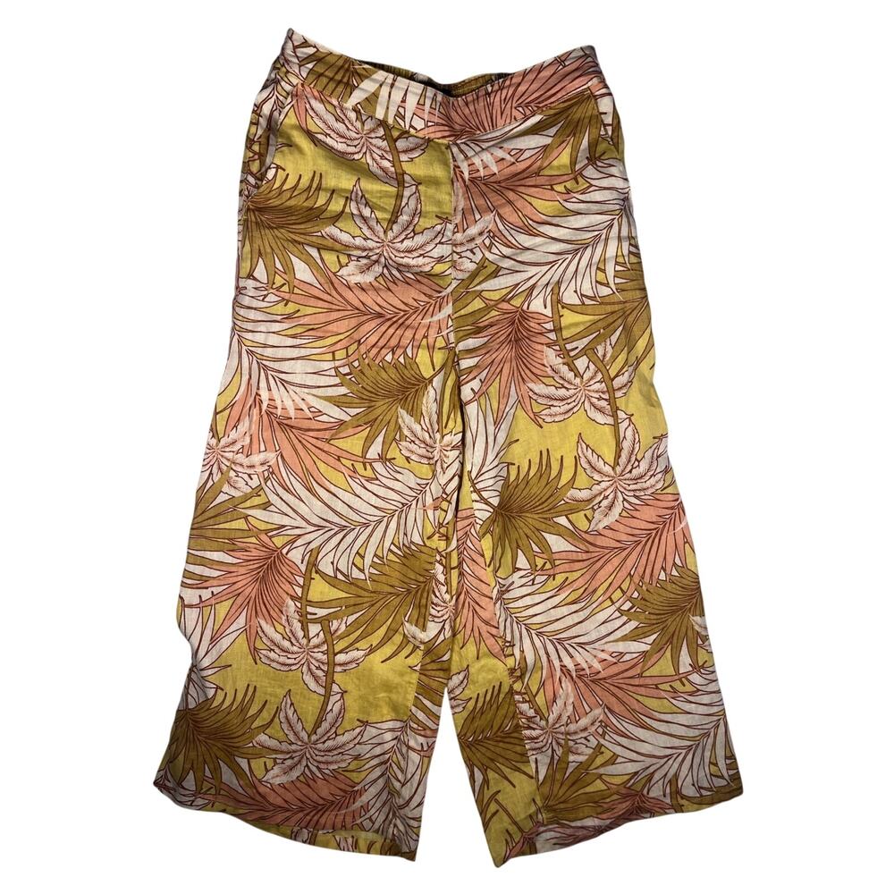 Tahari Women’s 100% Linen Tropical Palm Print Wide Leg Pants Yellow Pink Size M